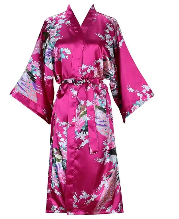 Satijnen Ochtendjas Kimono Dames Bloemenprint Kort Luxe Badjas Bruidsfeest Huiskleding Nachtkleding Loungewear | Sansoti