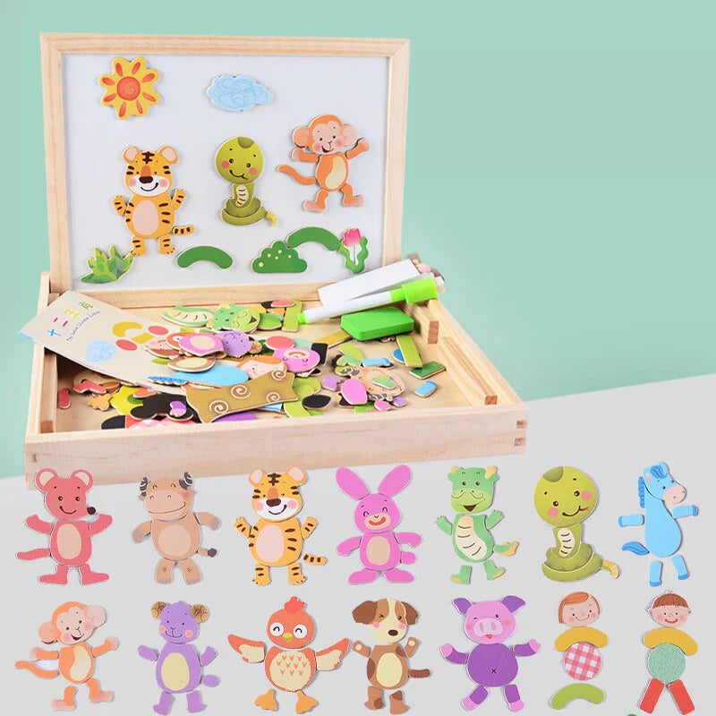 Magnetisches Zeichen- und Puzzlebrett aus Holz – beidseitiges Whiteboard und Schultafel – pädagogisches Spielzeug mit magnetischen Teilen – 30x23x3 cm | Sansoti