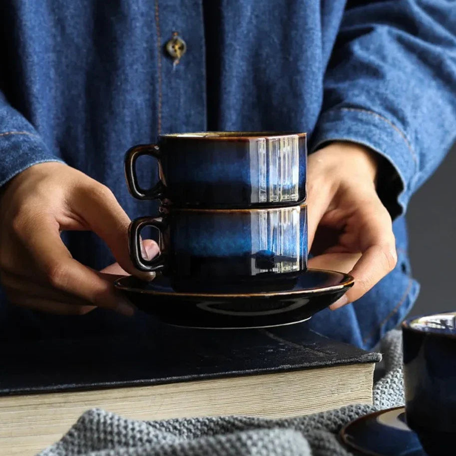 Ceramic Mug Set 2-Piece Deep Blue with Saucer Espresso Coffee | Sansoti