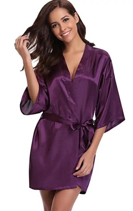 Satijnen Kimono Ochtendjas Dames Korte Mouw Marineblauw Zijdezachte Loungewear Kamerjas Nachtkleding Badjas | Sansoti