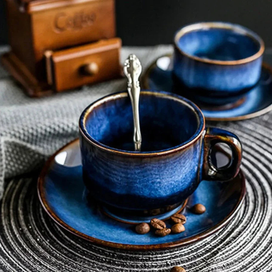 Ceramic Mug Set 2-Piece Deep Blue with Saucer Espresso Coffee | Sansoti