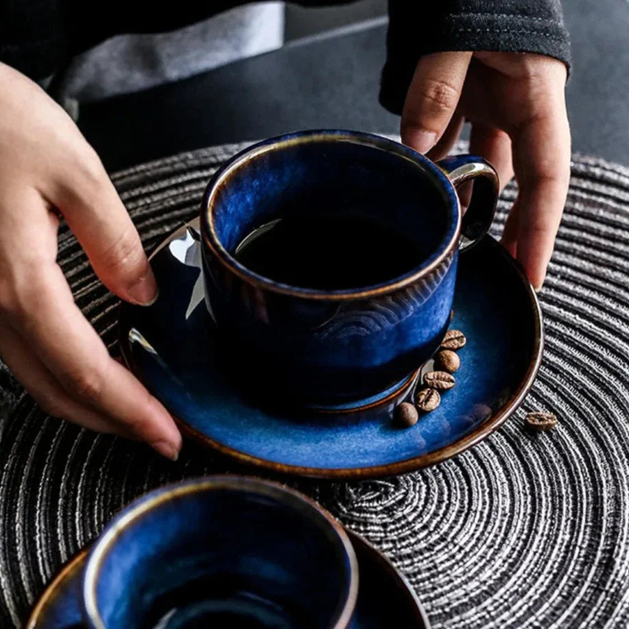 Ceramic Mug Set 2-Piece Deep Blue with Saucer Espresso Coffee | Sansoti