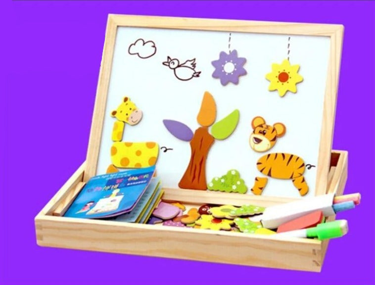 Magnetisches Zeichen- und Puzzlebrett aus Holz – beidseitiges Whiteboard und Schultafel – pädagogisches Spielzeug mit magnetischen Teilen – 30x23x3 cm | Sansoti