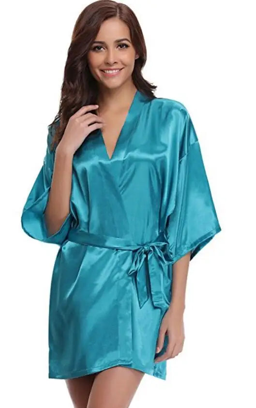 Satijnen Kimono Ochtendjas Dames Korte Mouw Marineblauw Zijdezachte Loungewear Kamerjas Nachtkleding Badjas | Sansoti