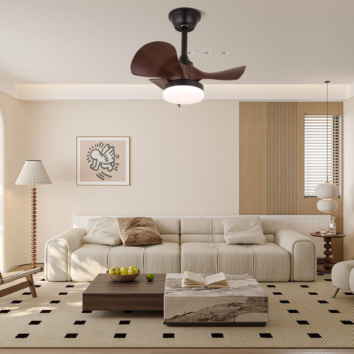 Moderner Deckenventilator Neriah aus Holz mit integrierter Beleuchtung und Fernbedienung | Sansoti