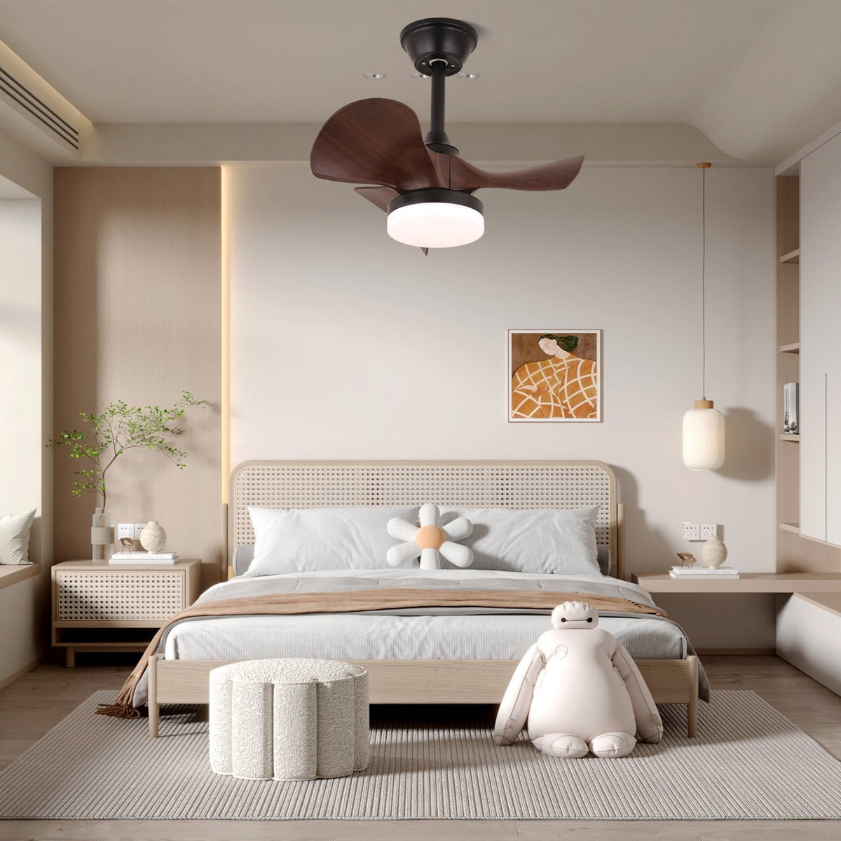 Moderner Deckenventilator Neriah aus Holz mit integrierter Beleuchtung und Fernbedienung | Sansoti