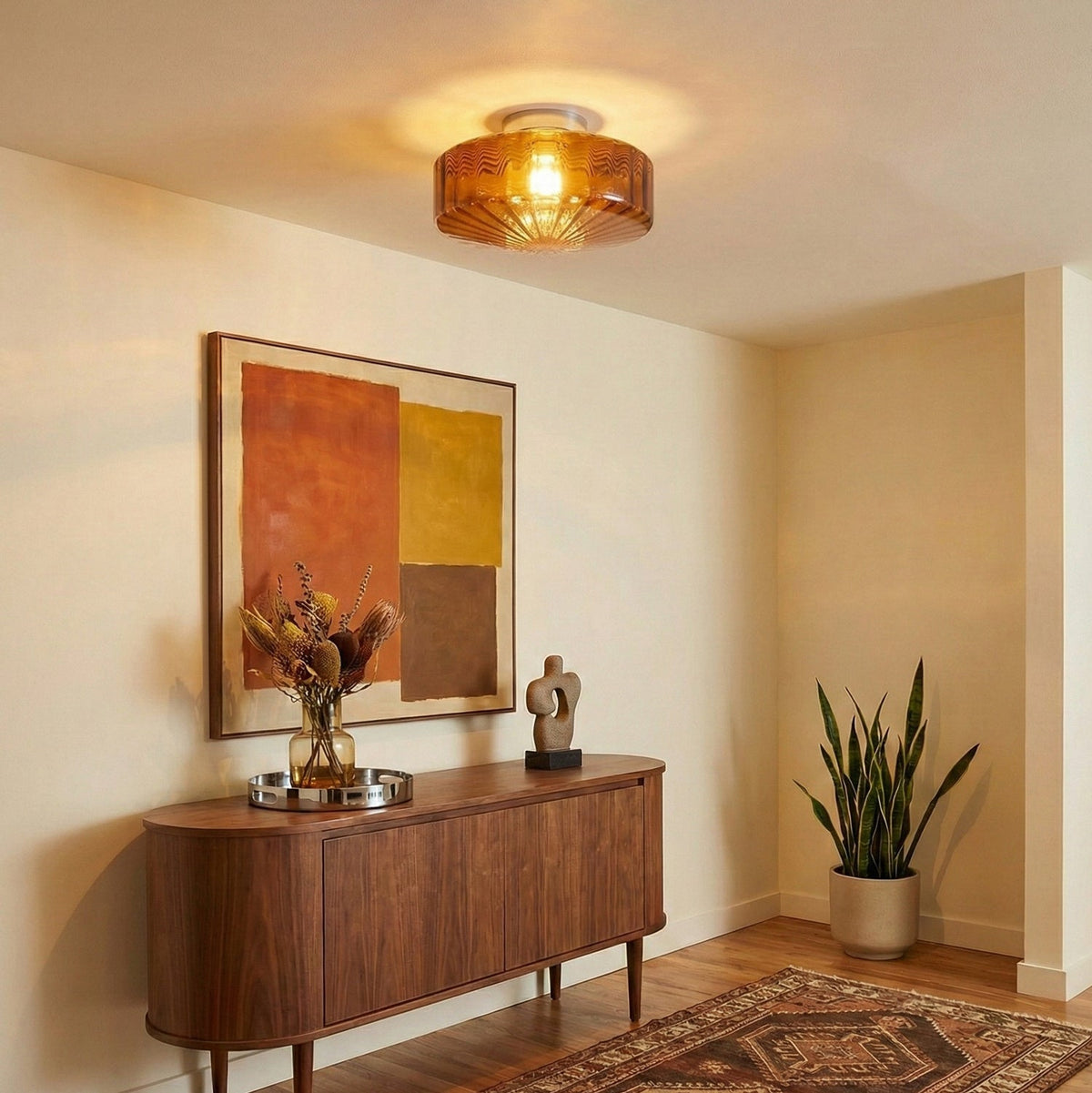 Ceiling Lamp Ribbed Glass Chrome Vintage Modern Compact Hall Lighting | Sansoti