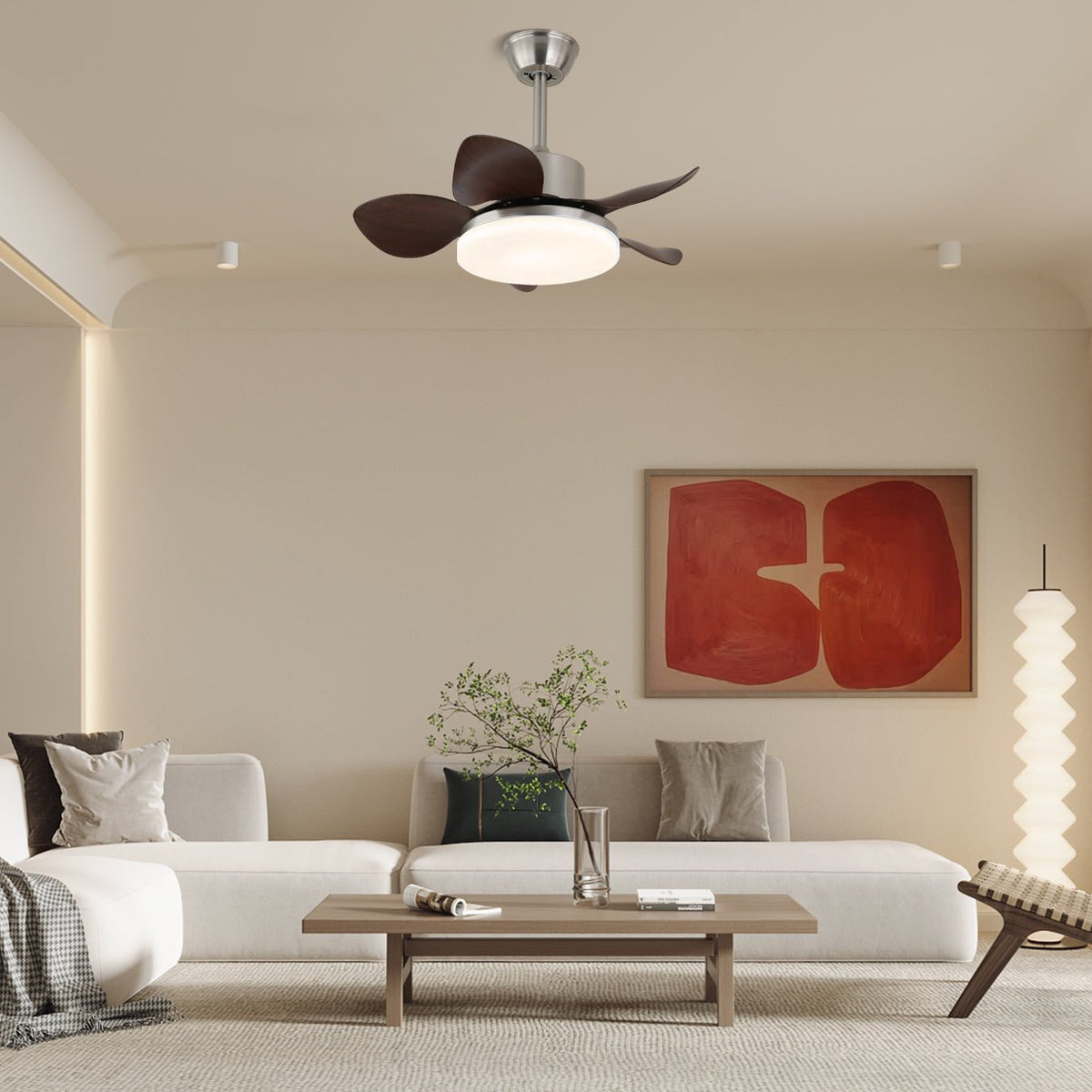 Wooden Ceiling Fan Kaelen with Lighting ø71cm | LED Fan Lamp Tiltable Blades Remote Control 6 Speeds | Modern Scandinavian Design Nickel Walnut Wood Acrylic | Sansoti