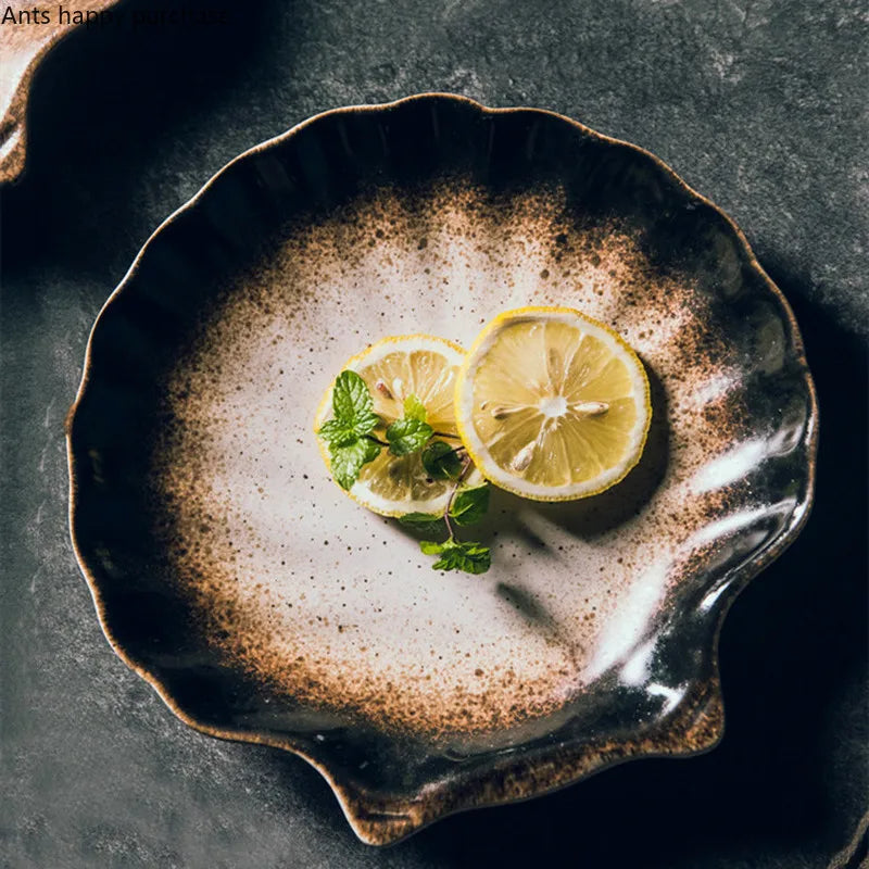 Ceramic Shell-Shaped Plates White Black Brown Tableware Coastal Dining | Sansoti