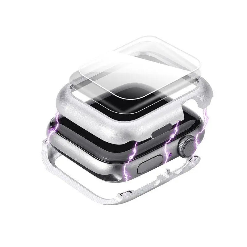 Tempered Glass Screen Protector with Steel Housing for Apple Watch 38-44mm Black Silver Gold Protection | Sansoti
