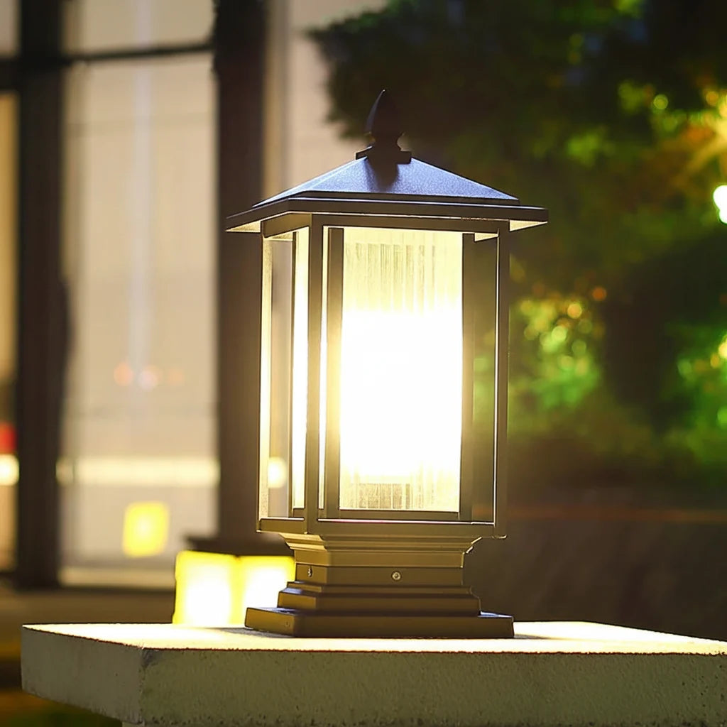 Rectangular Garden Lantern Bollard Light Metal Glass E27 IP65 37cm Outdoor Lighting Pathway Entrance Garden | Sansoti