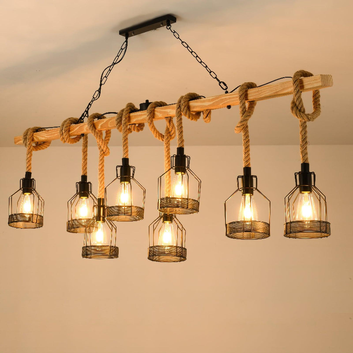 Hemp Rope Pendant Light Industrial Metal 3-5-8 Lights Grenade-Style Vintage String Lighting Dining Room Living Room | Sansoti