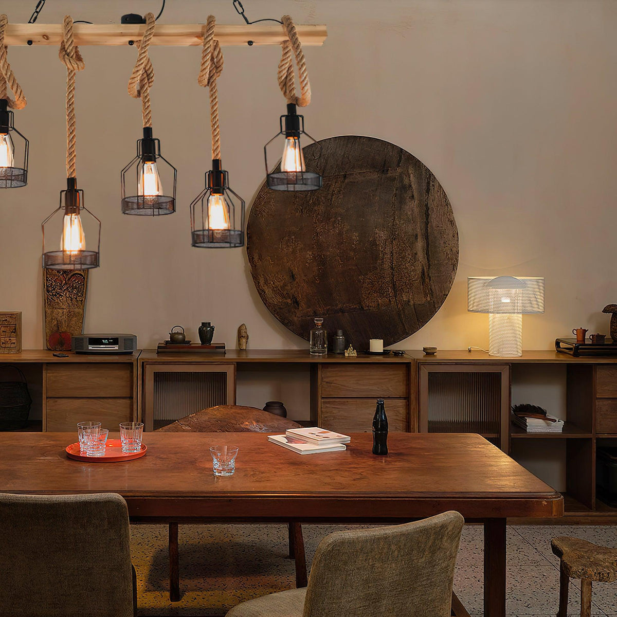 Hemp Rope Pendant Light Industrial Metal 3-5-8 Lights Grenade-Style Vintage String Lighting Dining Room Living Room | Sansoti