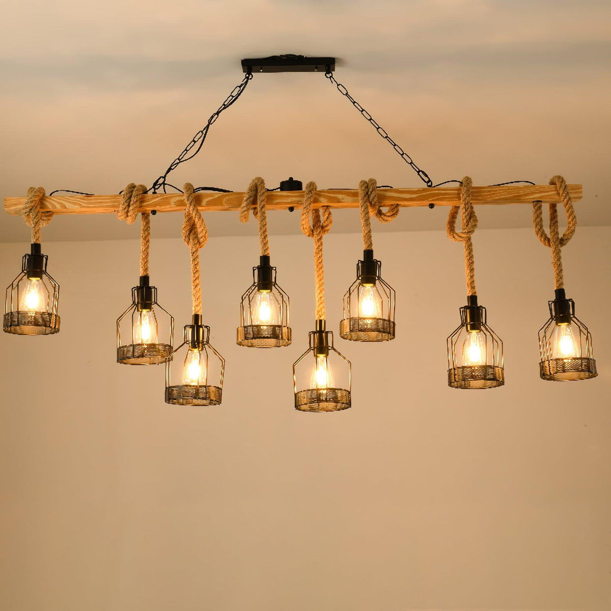 Hemp Rope Pendant Light Industrial Metal 3-5-8 Lights Grenade-Style Vintage String Lighting Dining Room Living Room | Sansoti