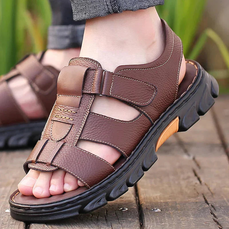 Orthopedic leather men's sandals in brown or black with comfortable footbed, breathable design for summer, walking and casual wear | Sansoti