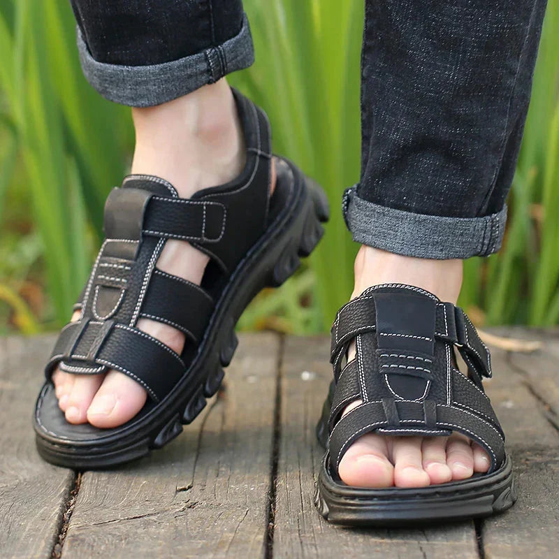 Orthopedic leather men's sandals in brown or black with comfortable footbed, breathable design for summer, walking and casual wear | Sansoti