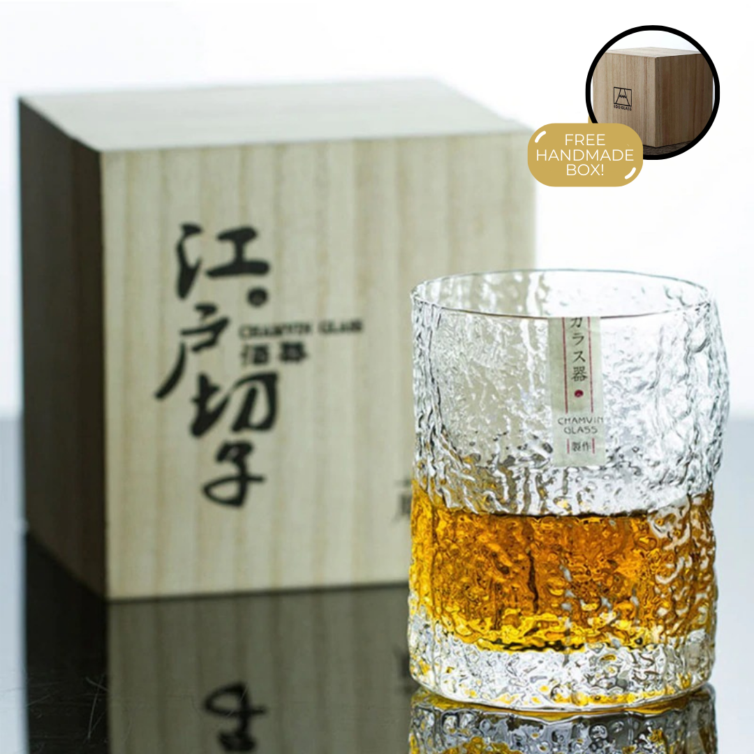 Verre à whisky japonais fait main avec relief tempête de glace 260ml Verre résistant à la chaleur Artisanat traditionnel Présentation de luxe dans coffret en bois Verre premium pour amateurs de whisky Design authentique oriental | Sansoti