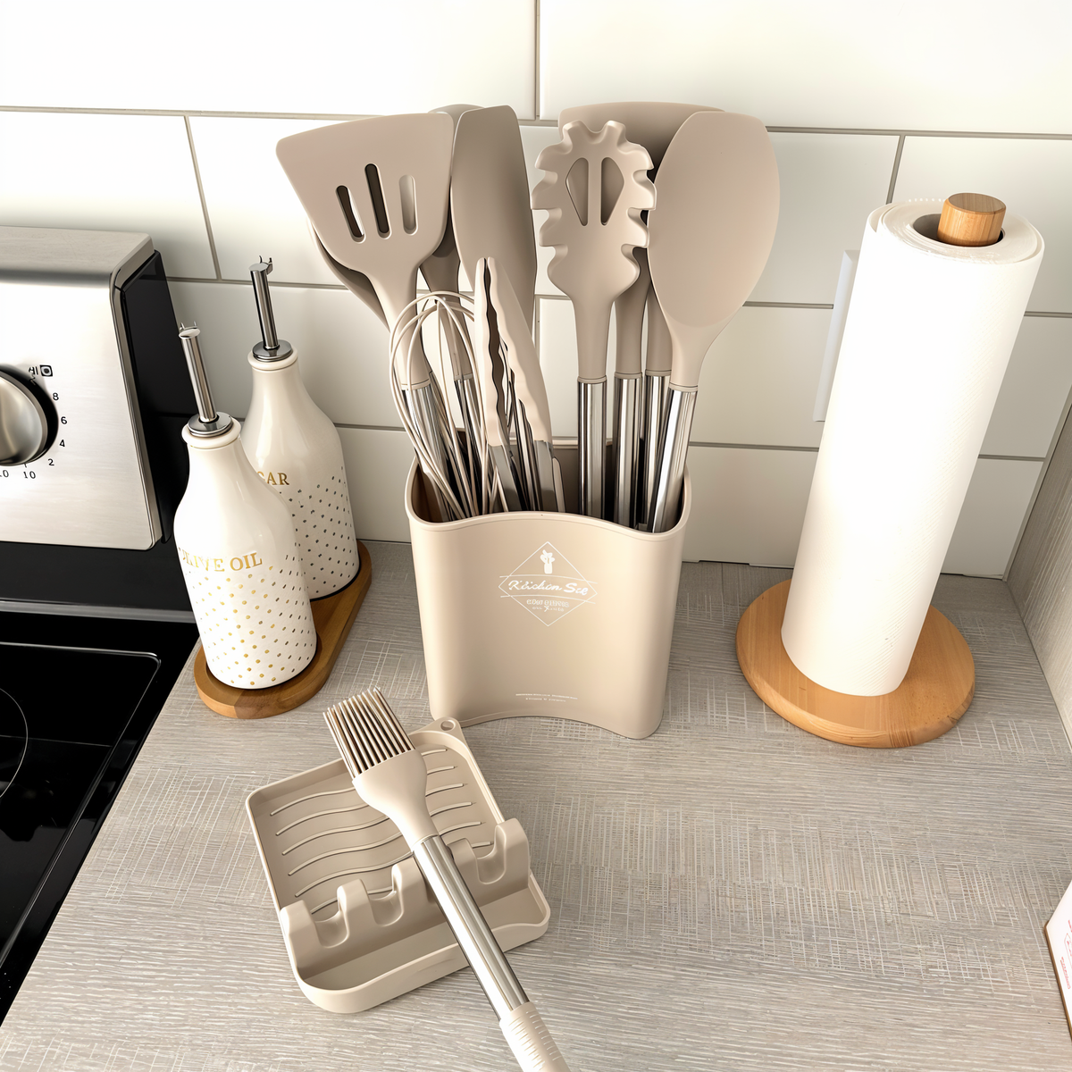 Set d’Ustensiles de Cuisine en Silicone 12 Pièces Résistant à la Chaleur Poignée Inox avec Support | Sansoti