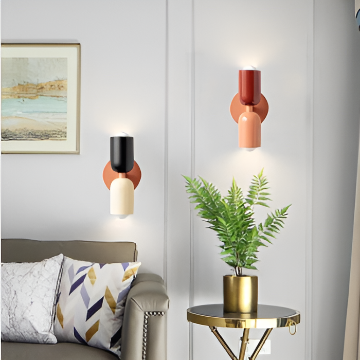 Dwustronny kinkiet metalowo-plastikowy, czerwono-beżowy, do wnętrz, LED E27, do sypialni i salonu, designerska lampa | Sansoti