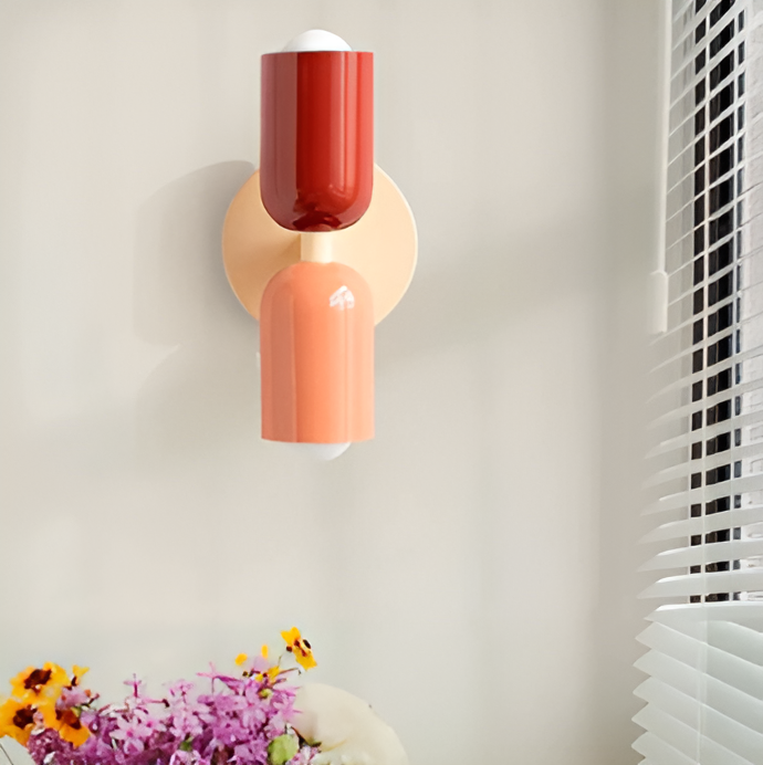 Dwustronny kinkiet metalowo-plastikowy, czerwono-beżowy, do wnętrz, LED E27, do sypialni i salonu, designerska lampa | Sansoti