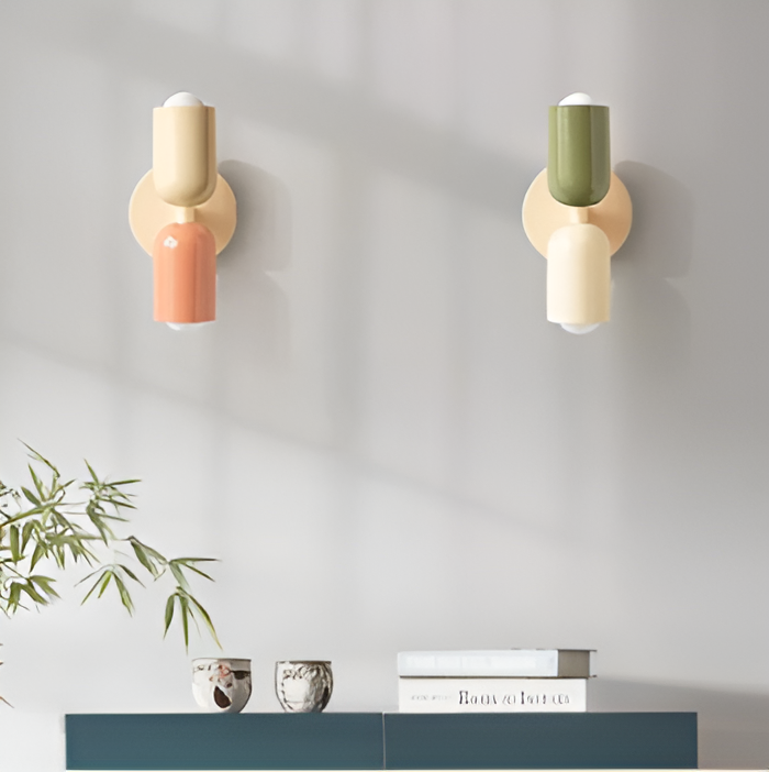 Dwustronny kinkiet metalowo-plastikowy, czerwono-beżowy, do wnętrz, LED E27, do sypialni i salonu, designerska lampa | Sansoti