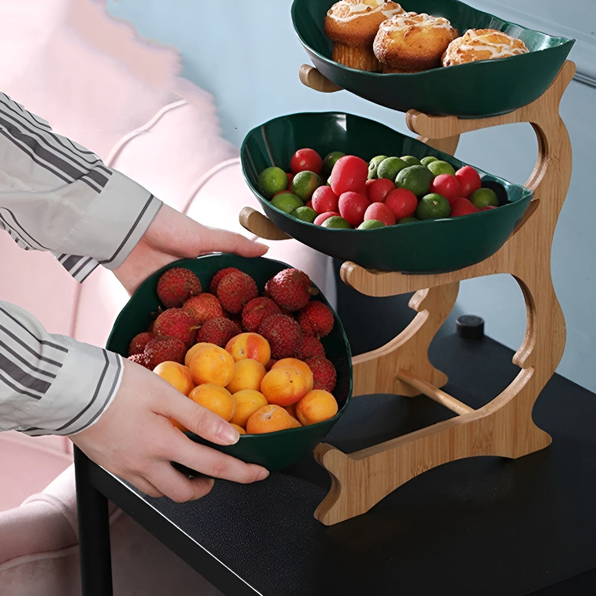 Corbeille à fruits 3 étages support en bois avec plateaux organiseur de cuisine | Sansoti