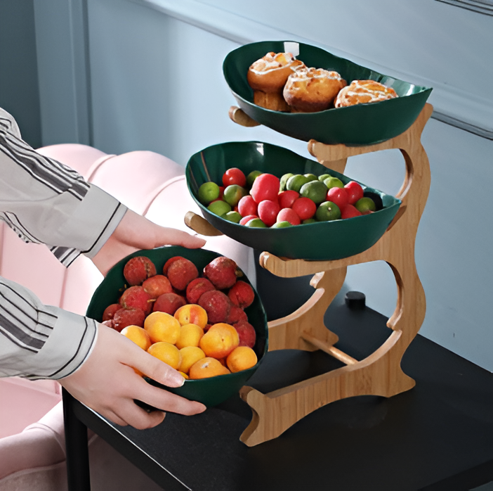 Corbeille à fruits 3 étages support en bois avec plateaux organiseur de cuisine | Sansoti