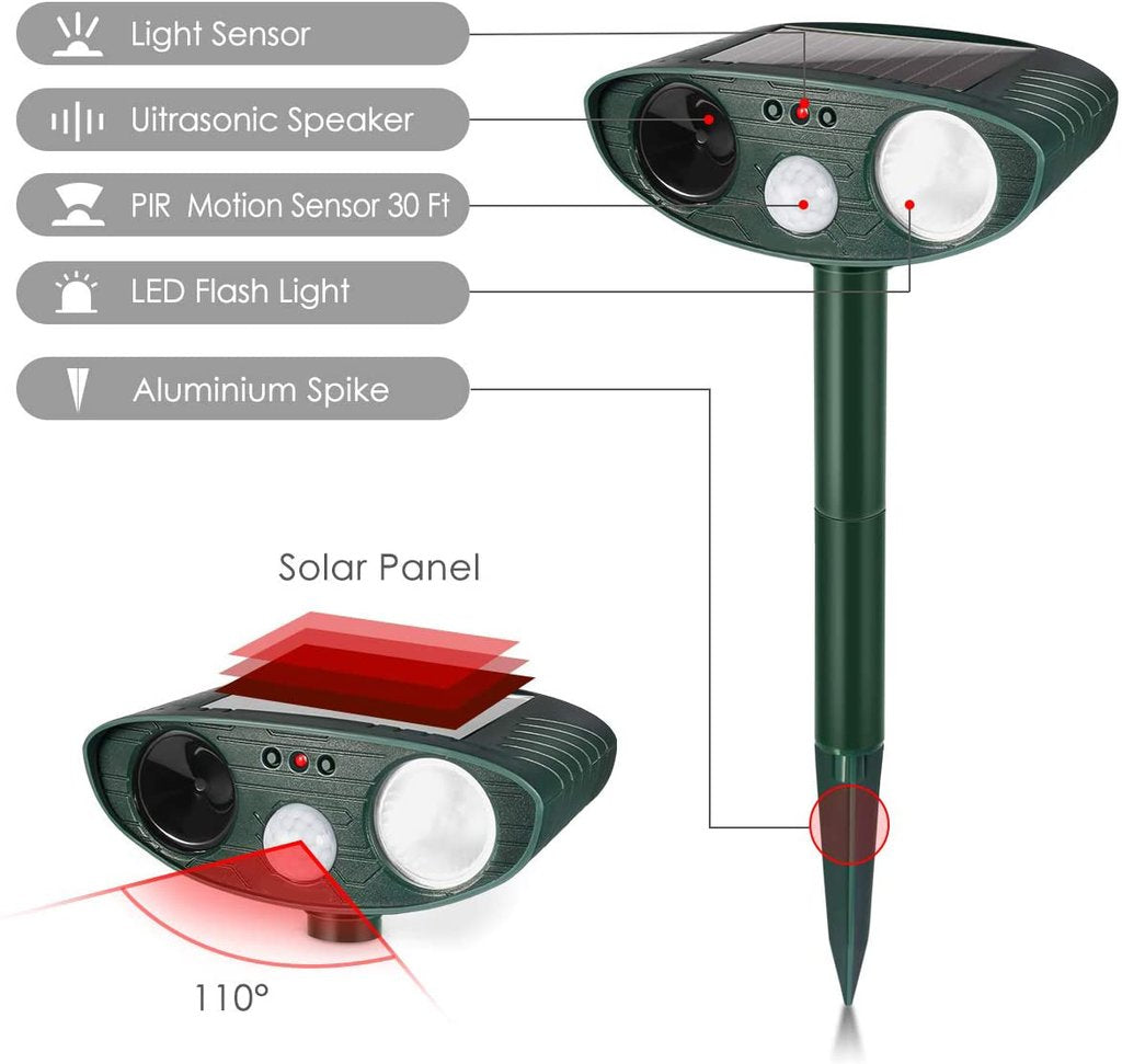 Répulsif à ultrasons pour animaux à énergie solaire avec lumière LED clignotante, étanche, pour jardin et pelouse, portée de 225m² | Sansoti