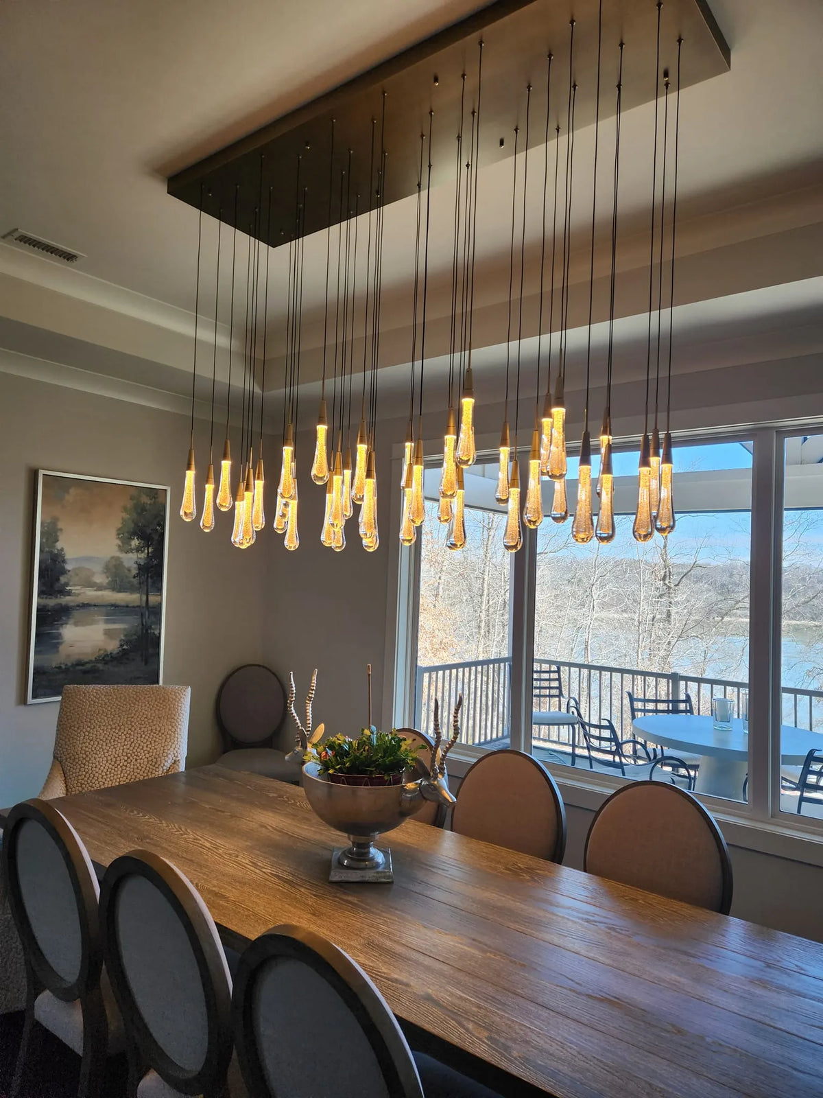 Linear LED Chandelier, Dimmable, Adjustable, Glass Pendant Light, 6 Sizes, Brass, Bronze, Nickel, Dining Room and Living Room | Sansoti