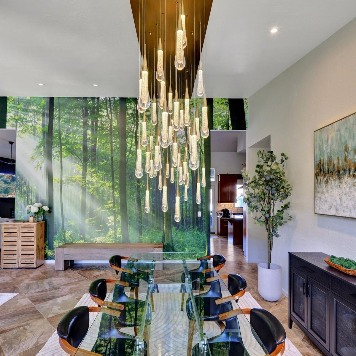 Linear LED Chandelier, Dimmable, Adjustable, Glass Pendant Light, 6 Sizes, Brass, Bronze, Nickel, Dining Room and Living Room | Sansoti