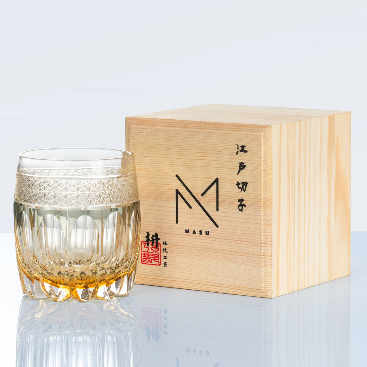Hand-Cut Amber Whiskey Glass with Starry Sky Pattern and Wooden Box | Sansoti