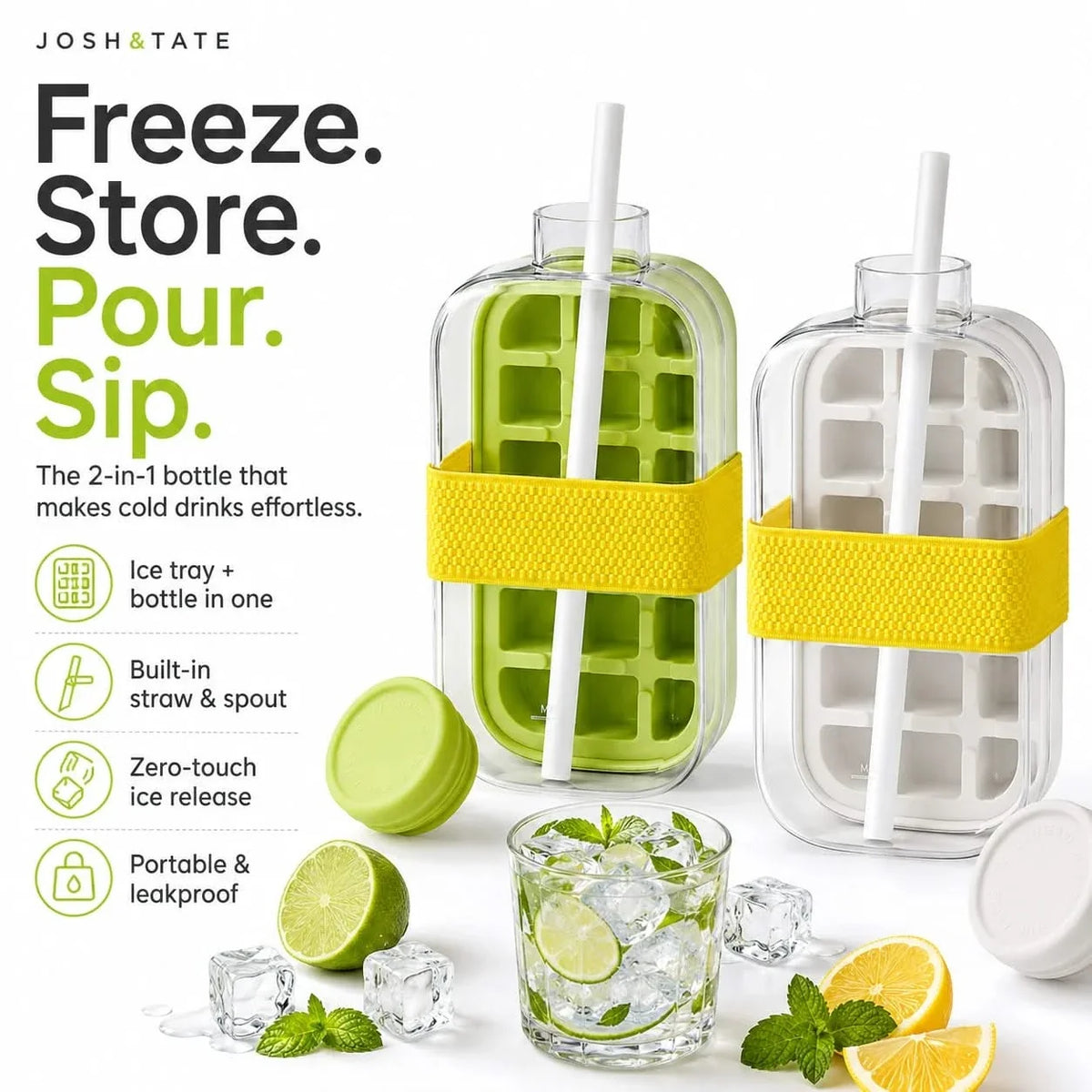 Eiswürfelbehälter mit Trinkflasche 2-in-1 Gefrierform & Wasserflasche 500ml 800ml Auslaufsicheres Silikon BPA-frei Wiederverwendbar | Sansoti