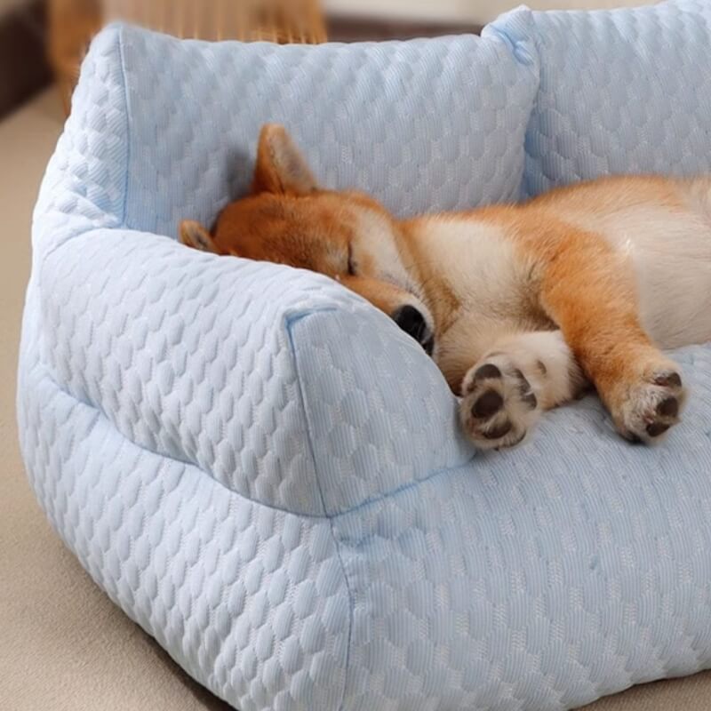 Cooling Dog Bed in Sofa Style with Side Bolsters - Breathable Ice Silk Mat for Warm Summer Days and Comfort | Sansoti