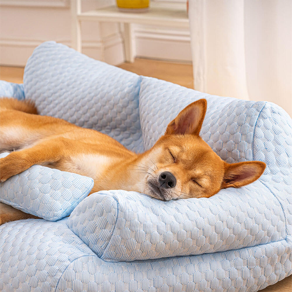 Cooling Dog Bed in Sofa Style with Side Bolsters - Breathable Ice Silk Mat for Warm Summer Days and Comfort | Sansoti