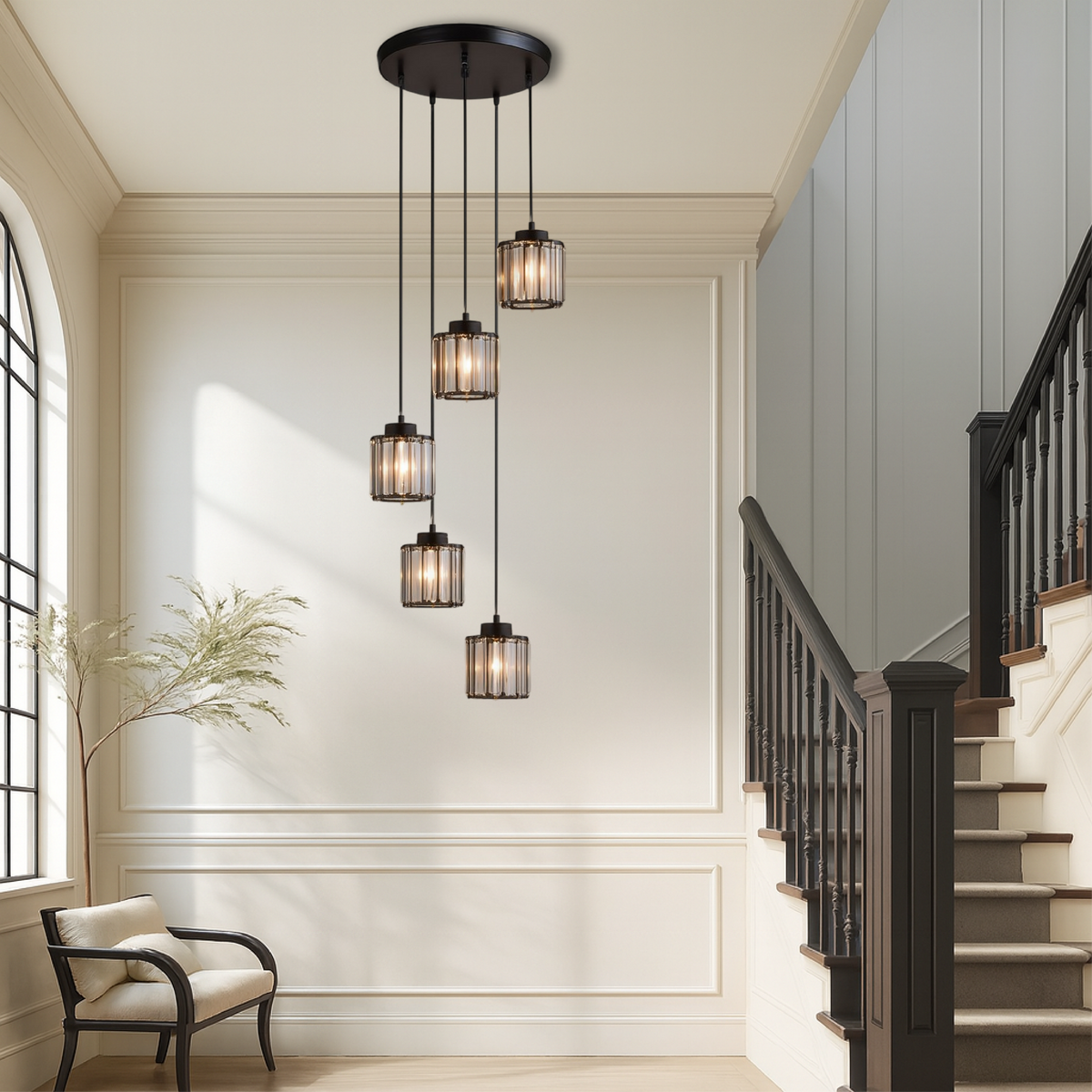Kristallen Trapverlichting met Glazen Cascade | 5-Laags Design voor Trappenhuis & Entree | Sansoti