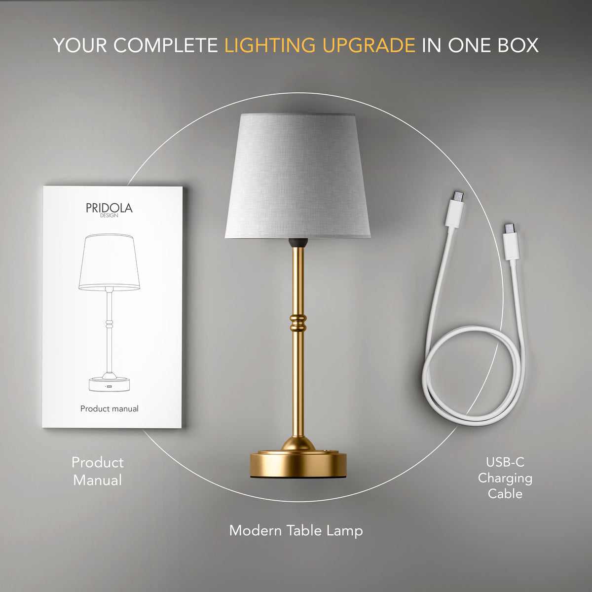 Table Lamp Rechargeable Wireless Gold White Shade 40cm USB-C Touch Dimmable Bedroom Living Room | Sansoti