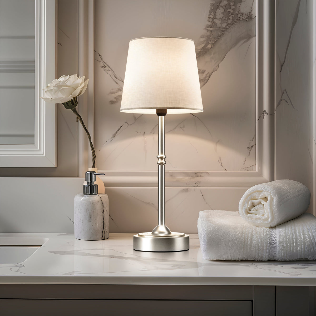 Table Lamp Rechargeable Wireless Gold White Shade 40cm USB-C Touch Dimmable Bedroom Living Room | Sansoti