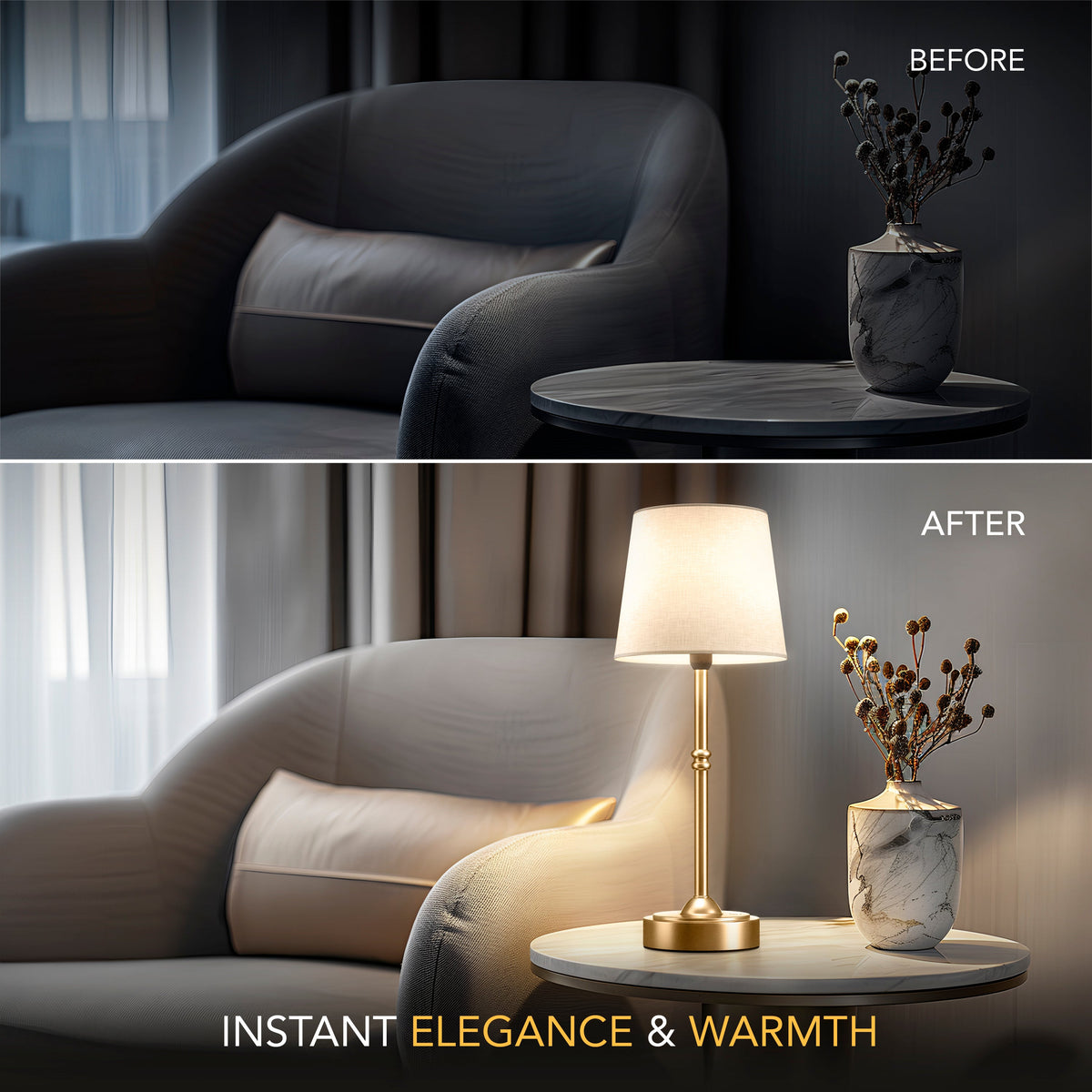 Table Lamp Rechargeable Wireless Gold White Shade 40cm USB-C Touch Dimmable Bedroom Living Room | Sansoti