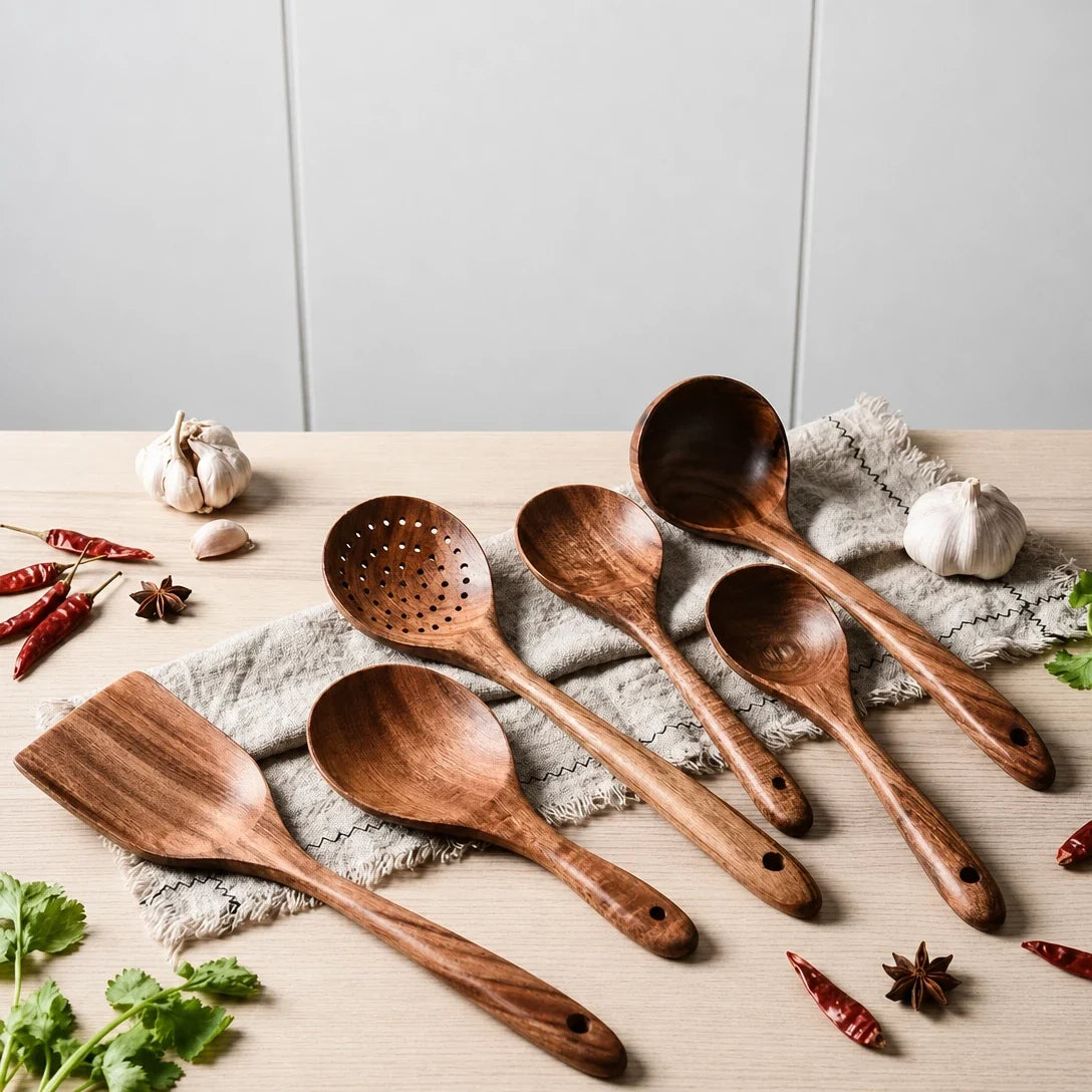 Keukengerei Set Teakhout 7-delig Hittebestendig Antiaanbak Keukenlepels Spatels Natuurlijk Hout Kookgereedschap | Sansoti