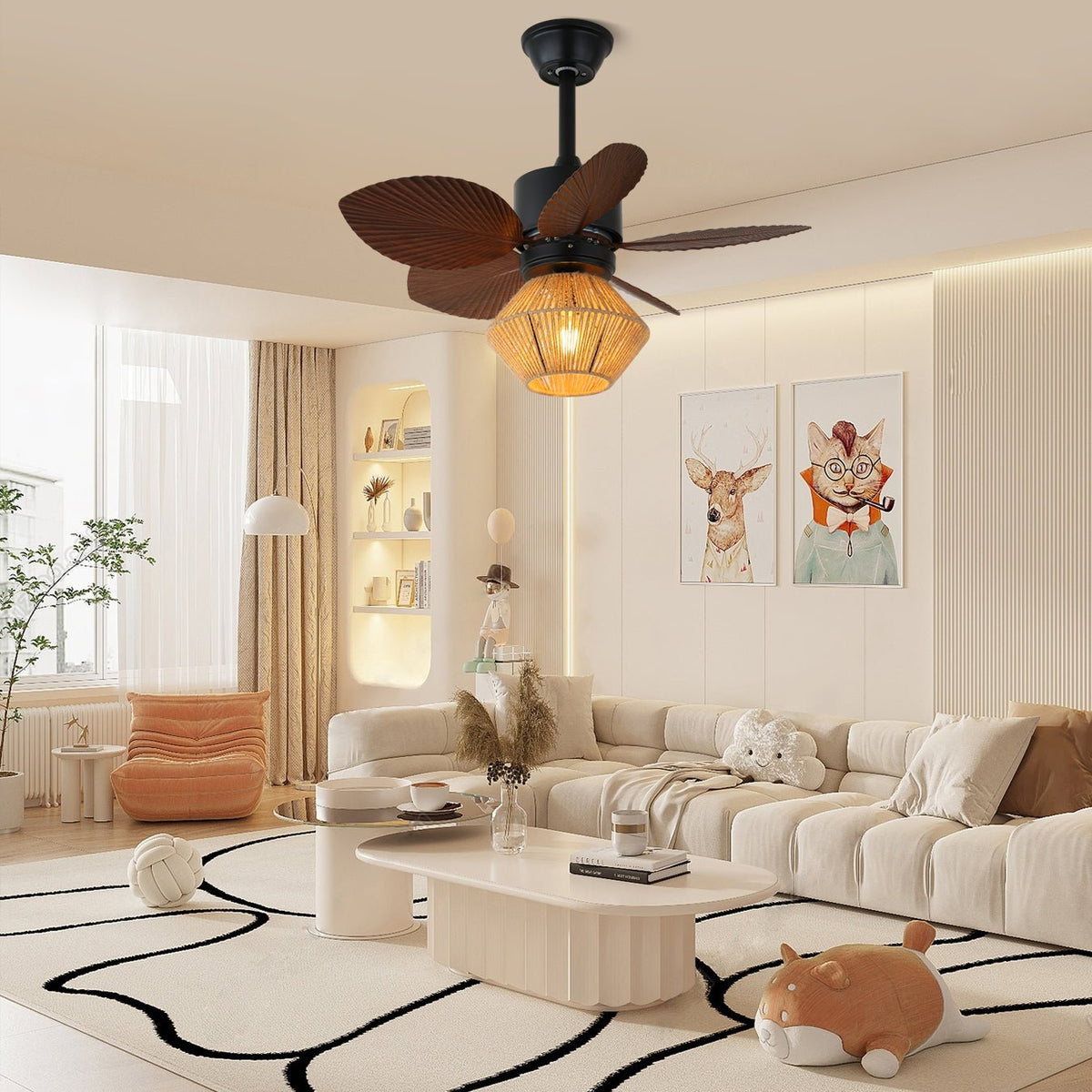 Ventilateur de plafond avec éclairage Rotin naturel Design tropical Ø76cm | Sansoti
