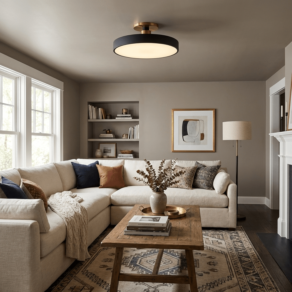 Isla Ceiling Light — Round Flush-Mount LED Ceiling Fixture with Black Metal Frame and White Diffuser | Ideal for Dining Rooms, Offices and Modern Interiors | Available in Six Colors | Sansoti