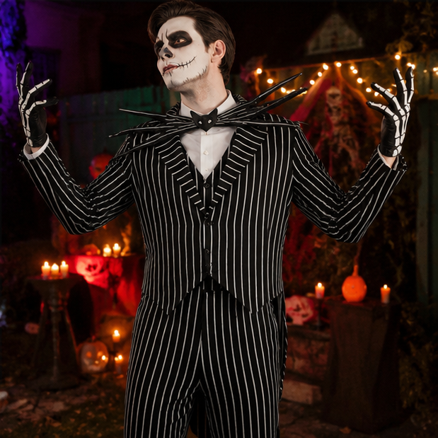 Costume de squelette rayé avec masque noir et blanc - costume d’Halloween, carnaval, fête et déguisement pour enfants | Sansoti