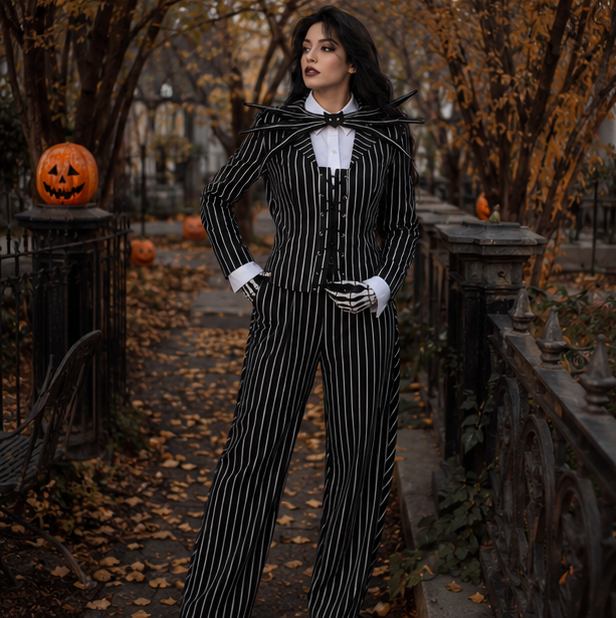 Costume de squelette rayé avec masque noir et blanc - costume d’Halloween, carnaval, fête et déguisement pour enfants | Sansoti