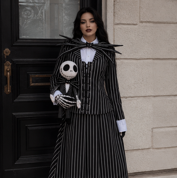Costume de squelette rayé avec masque noir et blanc - costume d’Halloween, carnaval, fête et déguisement pour enfants | Sansoti