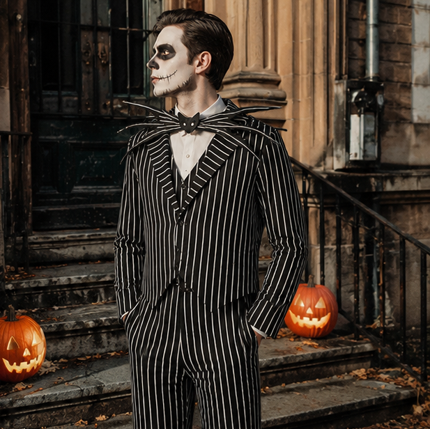 Costume de squelette rayé avec masque noir et blanc - costume d’Halloween, carnaval, fête et déguisement pour enfants | Sansoti