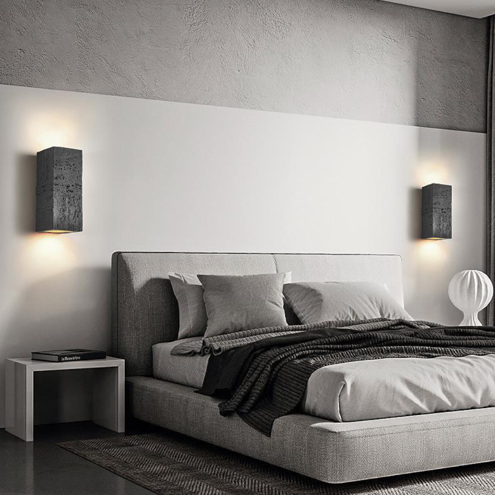 Japandi Wall Lamp Travertine-Look Cement Rectangle Warm Light Living Room Bedroom | Sansoti