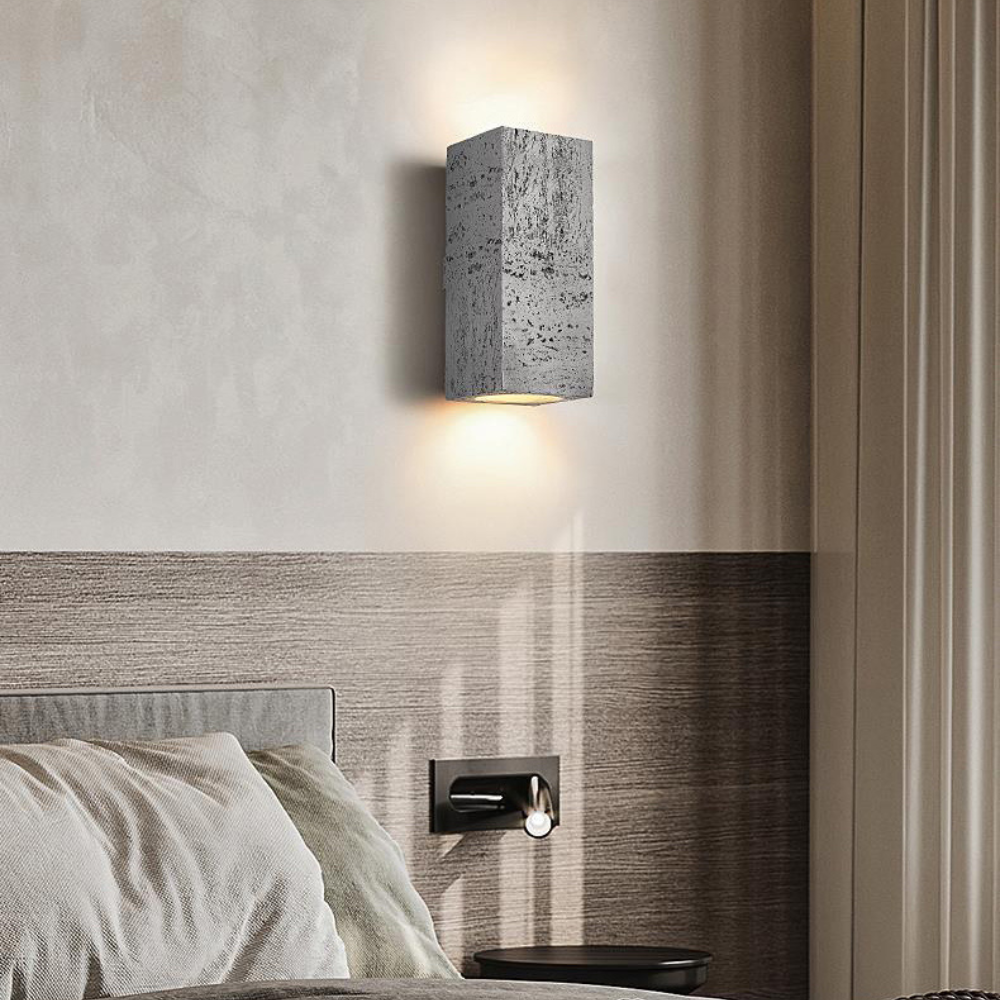 Japandi Wall Lamp Travertine-Look Cement Rectangle Warm Light Living Room Bedroom | Sansoti