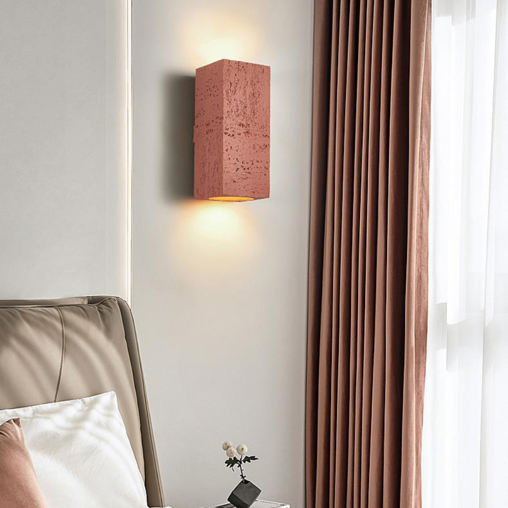 Japandi Wall Lamp Travertine-Look Cement Rectangle Warm Light Living Room Bedroom | Sansoti