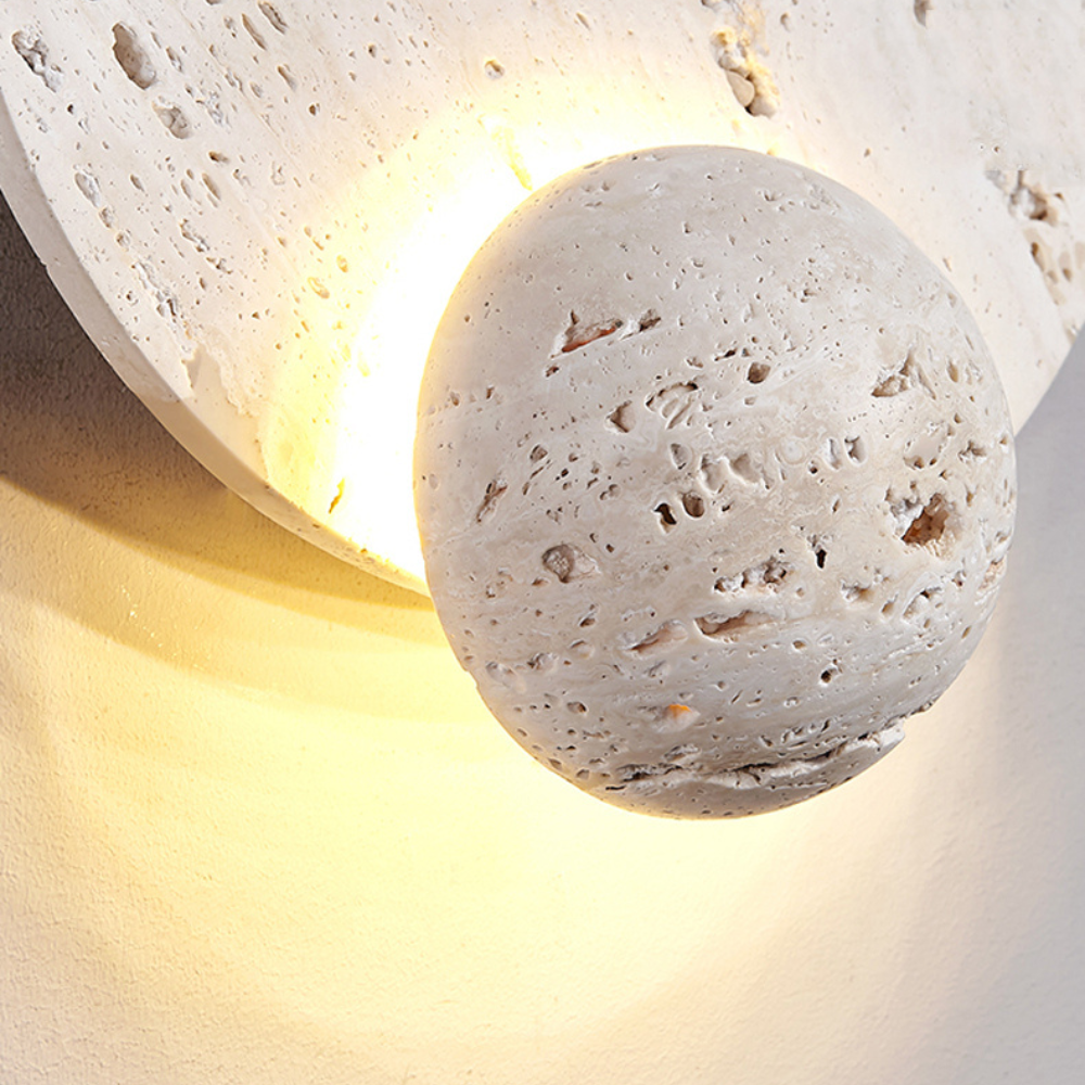 Japandi Wall Lamp Travertine Round Eclipse Globe Warm Light Bedroom Living Room Natural Stone | Sansoti