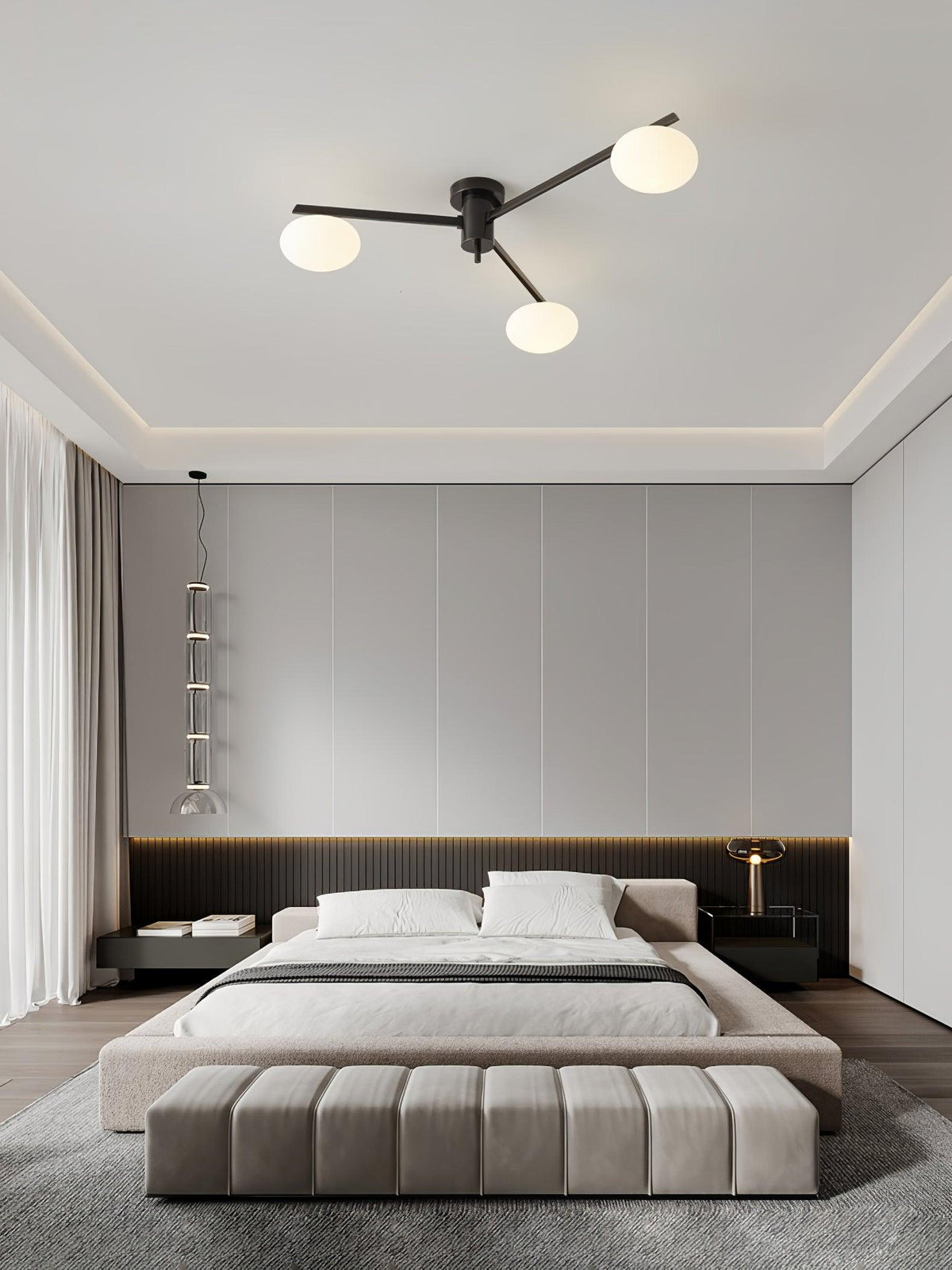 Deckenleuchte mit ovalen Glaskugeln und schlanken Armen – modernes, flaches Design für niedrige Decken in Schwarz oder Messing – G9-Fassung – Konfigurationen mit 3, 5 oder 6 Leuchtenköpfen | Sansoti